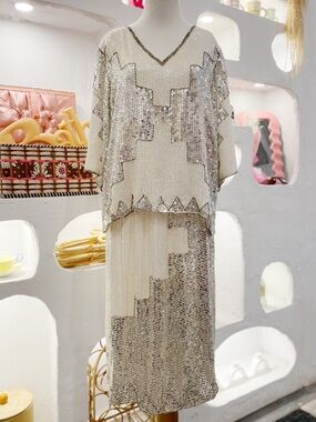 Vintage Silk & Rayon Sequinned and Beaded Short Sleeve Top and Midi Skirt Set